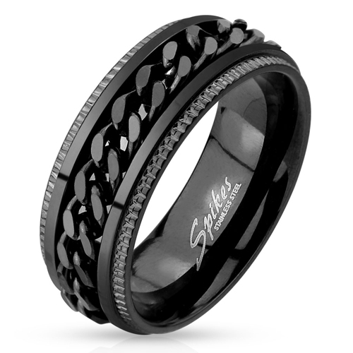 Kirurginteräs Sormus "Black IP Grooved Edge Center Chain Stainless Steel Spinner Ring"