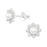 Hopeiset Helmikorvakorut "Silver Flower Cubic Pearl"