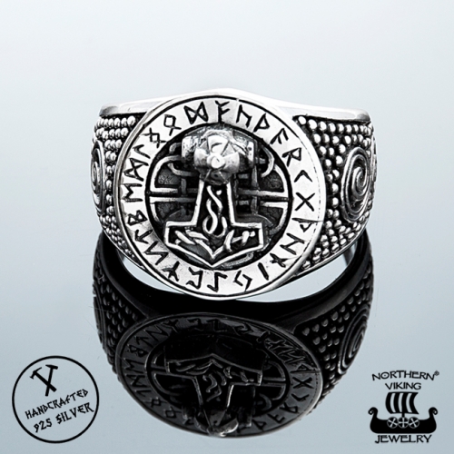 925-Hopea Riimu Thorin Vasara-Sormus, Northern Viking Jewelry   