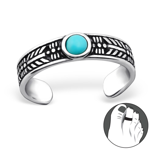 Hopeinen Säädettävä Varvassormus "Silver Round Toe Ring With Turquoise"