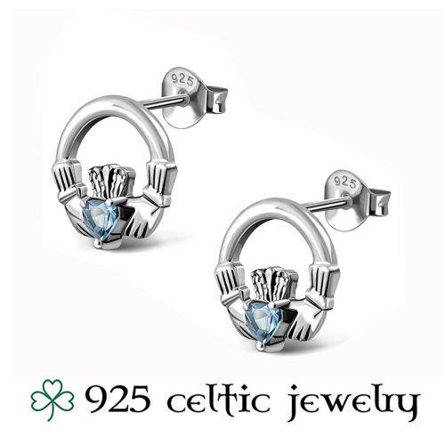 Kelttikorut Korvakorut Hopea Claddagh Aqua CZ.