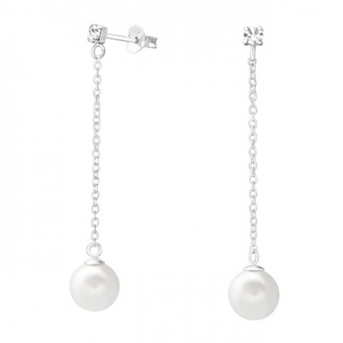 Hopeiset Ketjukorvakorut "Hanging Pearl and Crystal"