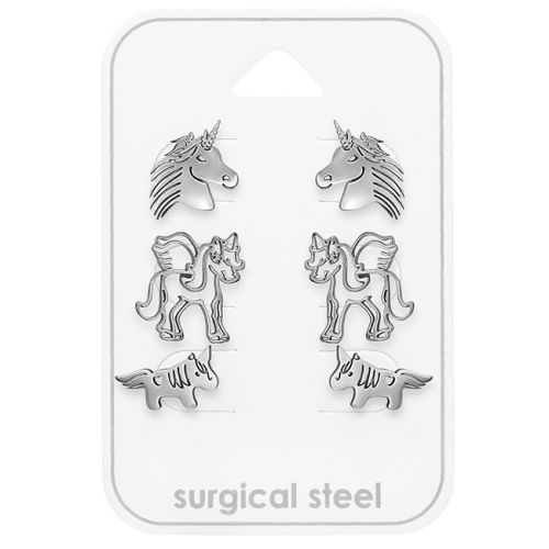 Korvakorupaketti 3 Paria Unicorn Stainless Steel.