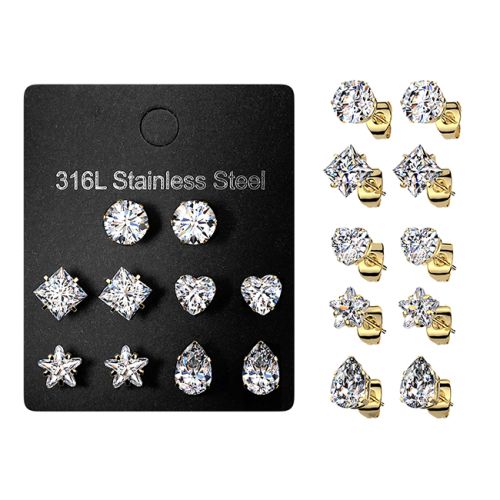 Korvakorupaketti 5 paria Gold Assorted Shape Prong Set CZ.