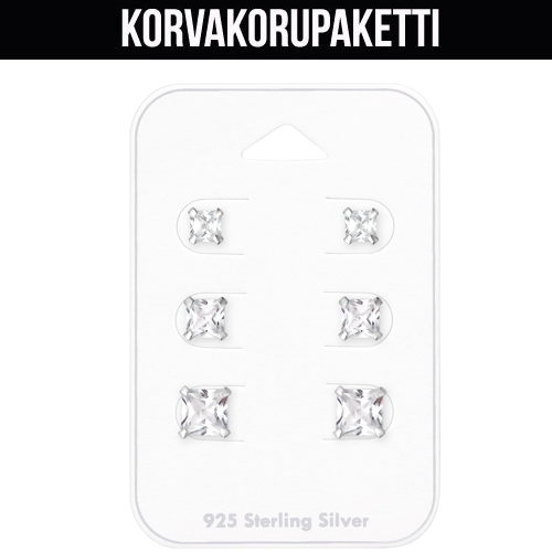 Korvakorupaketti 3 paria "925 silver 4,5,6 mm Square Cubic Zirconia"  