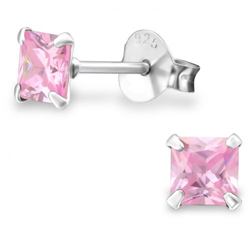 Lasten Korvakorut Hopea Square 4mm Cubic Zirconia. Väri: Pink.