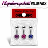 Napakoru 3 kpl 316L Kirurginteräs Fuchsia/Lila/Sininen.