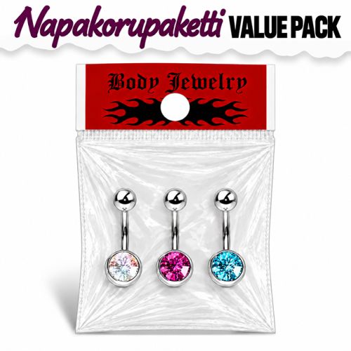Napakoru 3 kpl 316L Kirurginteräs Kristalli/Pink/Aqua.