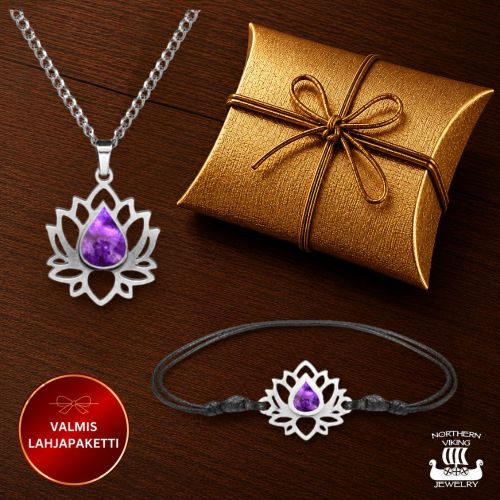 Northern Viking Jewelry® Lotuskukka Ametisti & Musta Nauha – Lahjapaketti.