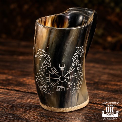 Horn Mug Viikinkimuki Vegvisir & Fafnir Northern Viking Jewlery.