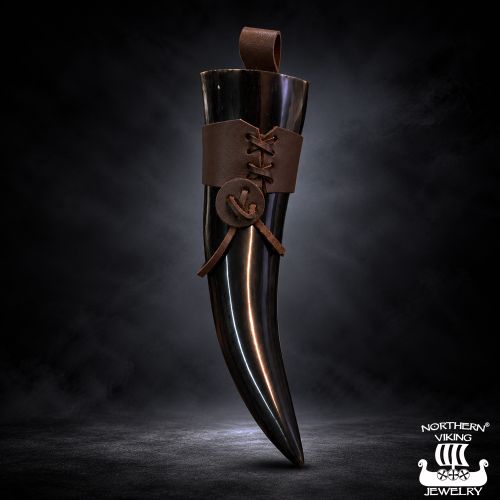 Juomasarvi nahkaisella ruskealla vyöpidikkeellä Viikinkien Drinking Horn Northern Viking jewelry.