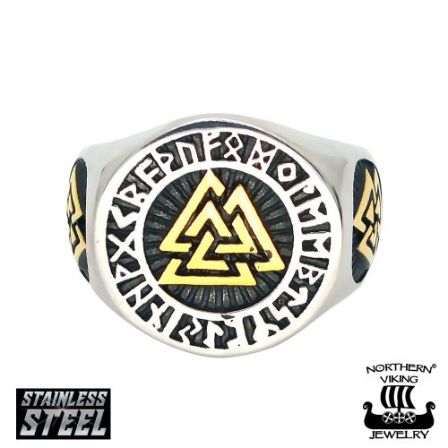 Sormus Northern Viking Jewelry Teräs Riimu Valknut Kulta