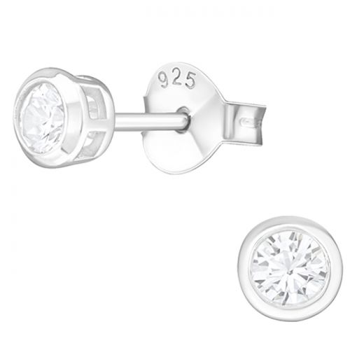 Pienet Korvakorut Hopea 3 mm ja 4 mm Round Clear CZ Ear Studs.