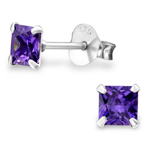 Pienet Korvakorut Hopea 4 mm Square Ametisti CZ.