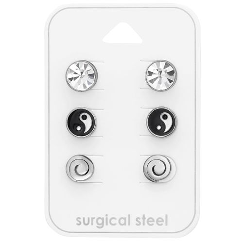 Teräskorvakorut 3 paria Crystal / Yin Yang / Spiraali.