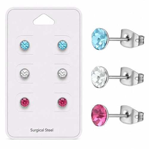 Teräs Korvakorut Crystal 5 mm Korvakorupaketti 3 Paria.