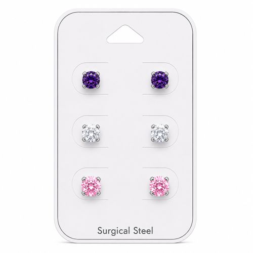 Teräs Korvakorut Cubic Zirconia 6 mm Korvakorupaketti 3 Paria.