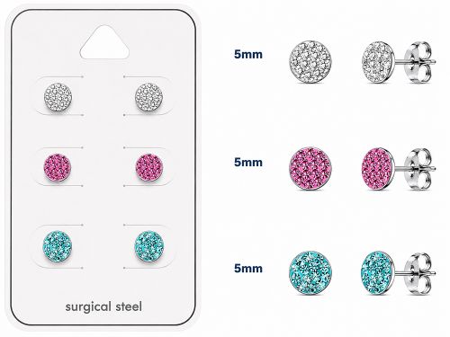 Teräs Korvakorut Ferido Crystal 5 mm Korvakorupaketti 3 Paria.