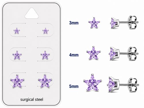 Teräs Korvakorut Lila Prong Set Star Cubic Zirconia Korvakorupaketti 3 Paria.