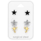 Teräskorvakorut 3 paria Black Star / Silver Star / Northern Star.
